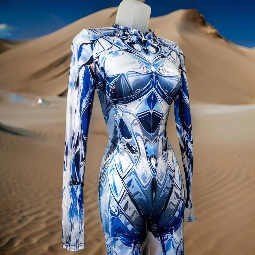 New Small Mirror Spandex Jumpsuit Catsuit Rave Illusion Blue Metallic Futuristic